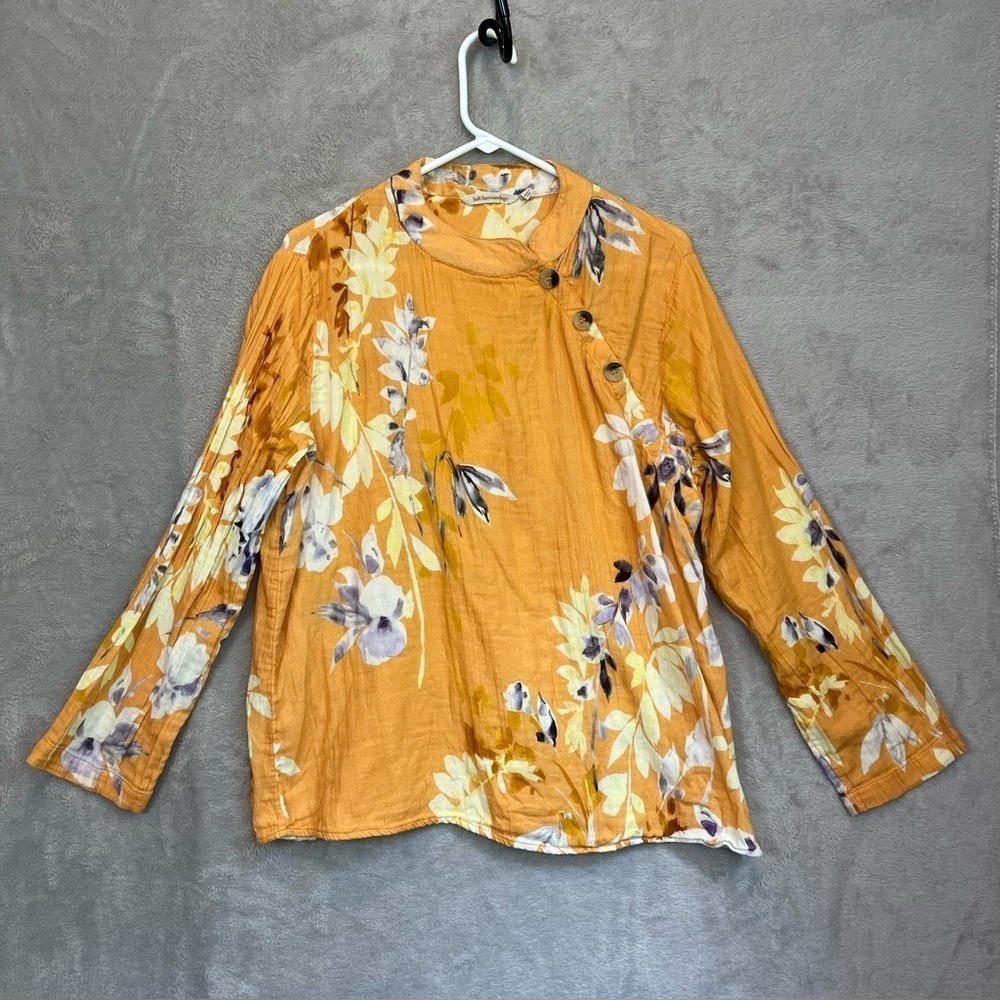 Soft Surroundings Pauleena Gauzy Orange Floral Asian Blouse Top Sz L Buttons